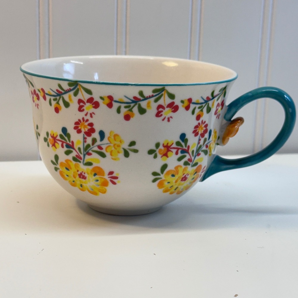 Anthropologie Floral Mug Unisex OS White Teal Boho Botanical Cottagecore Tea Cup
